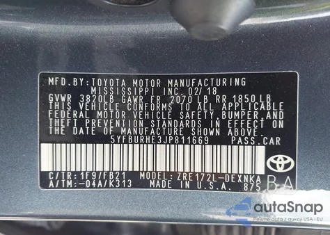 2018 Toyota Corolla Le из США, поврежденный, VIN 5YFBURHE3JP811669